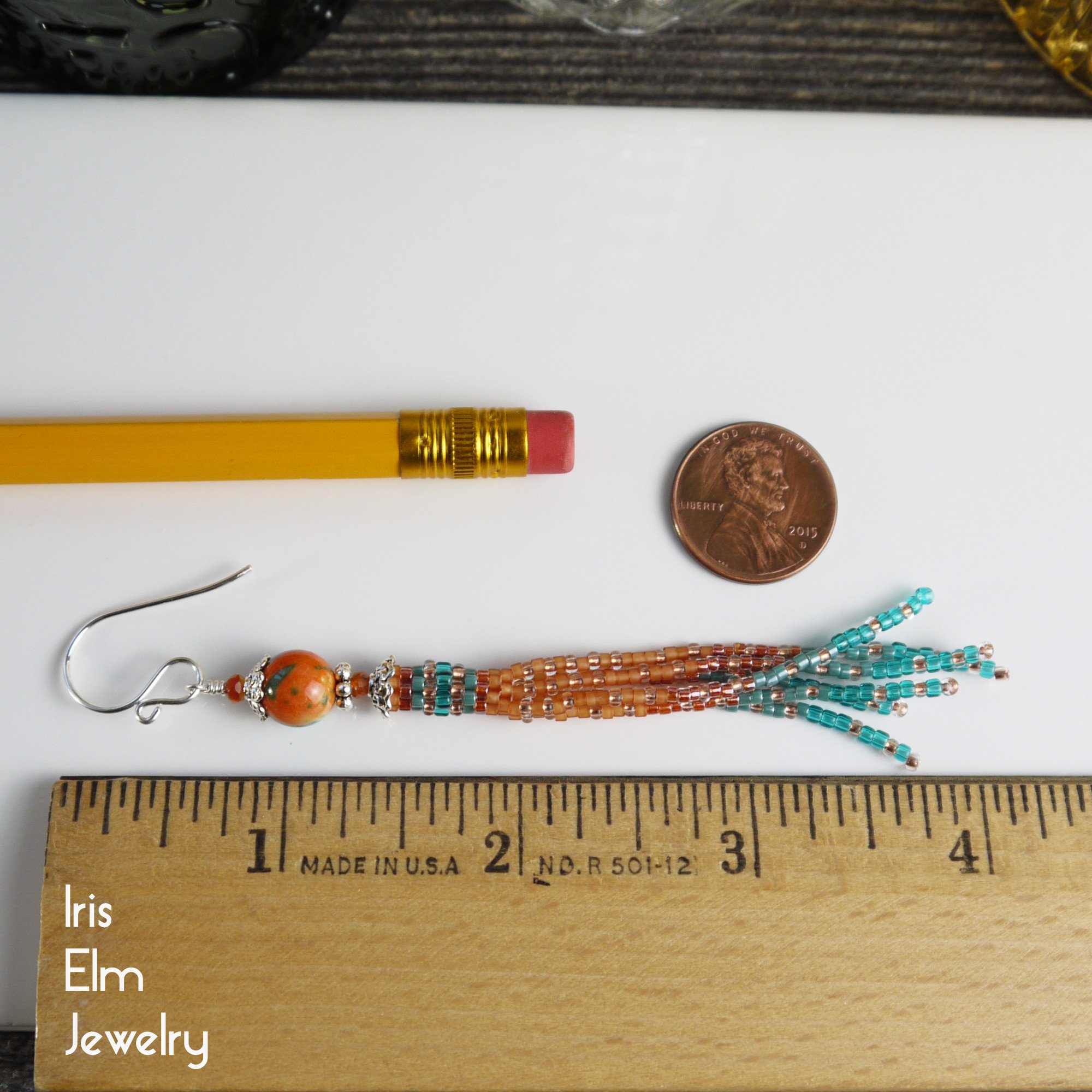 Orange and Blue-Green Ocean Jade and Carnelian Tassel Fringe Seed Bead Earrings - Sterling Silver - Handmade by Iris Elm Jewelry 4 inches