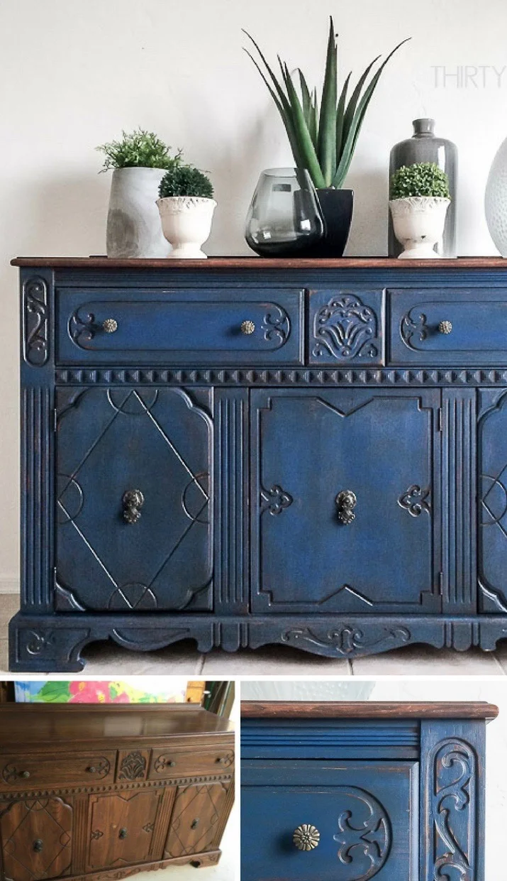 Refinishing by thirtyeightstreet.com. A find on Craigslist turned into a conversation piece! In its original state this cabinet is ugly even though it has some interesting details. Applying the blue colour and redoing the top brings out the details so much better!