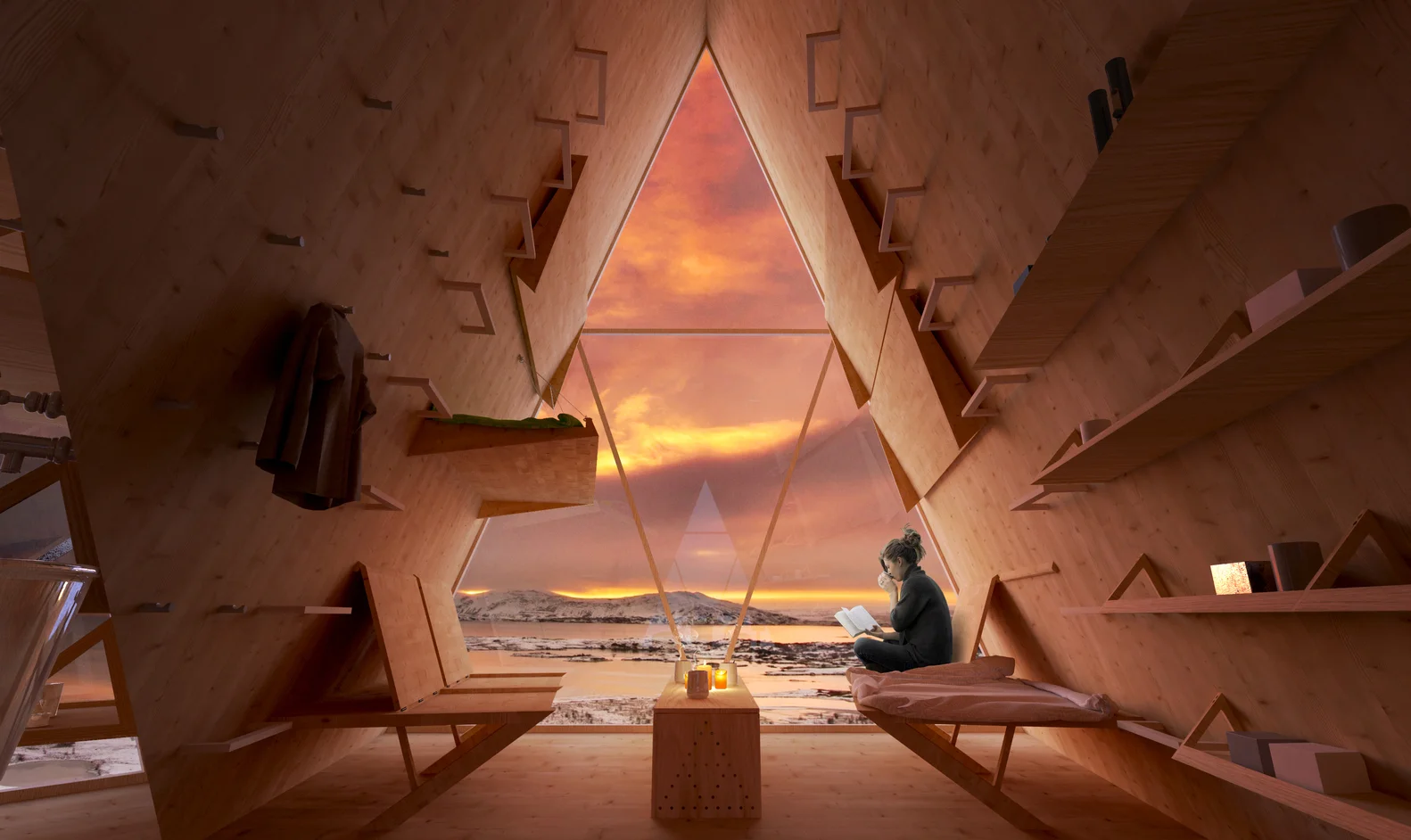 Skyli interior of cross-laminated timber showing pull down beds.