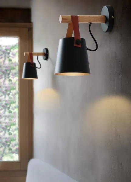 Nordic Hanging Wall Lamp by Warmly. Wood & Metal Body with Leather Accents