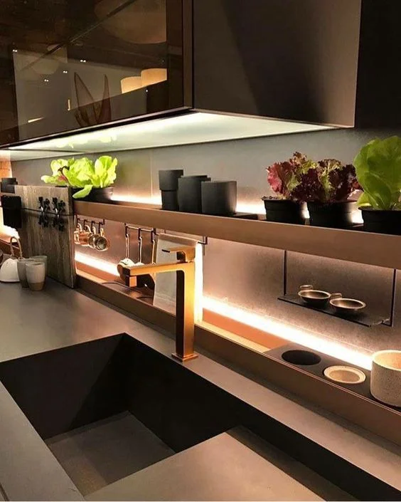 Cleverly thought out storage and lighting elements. Source: Pinterest.
