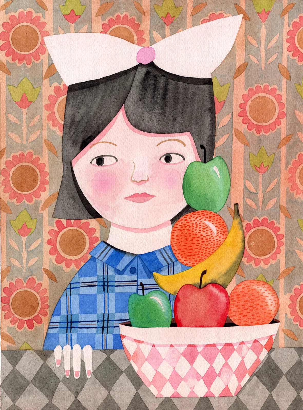 Girl with fruit bowl