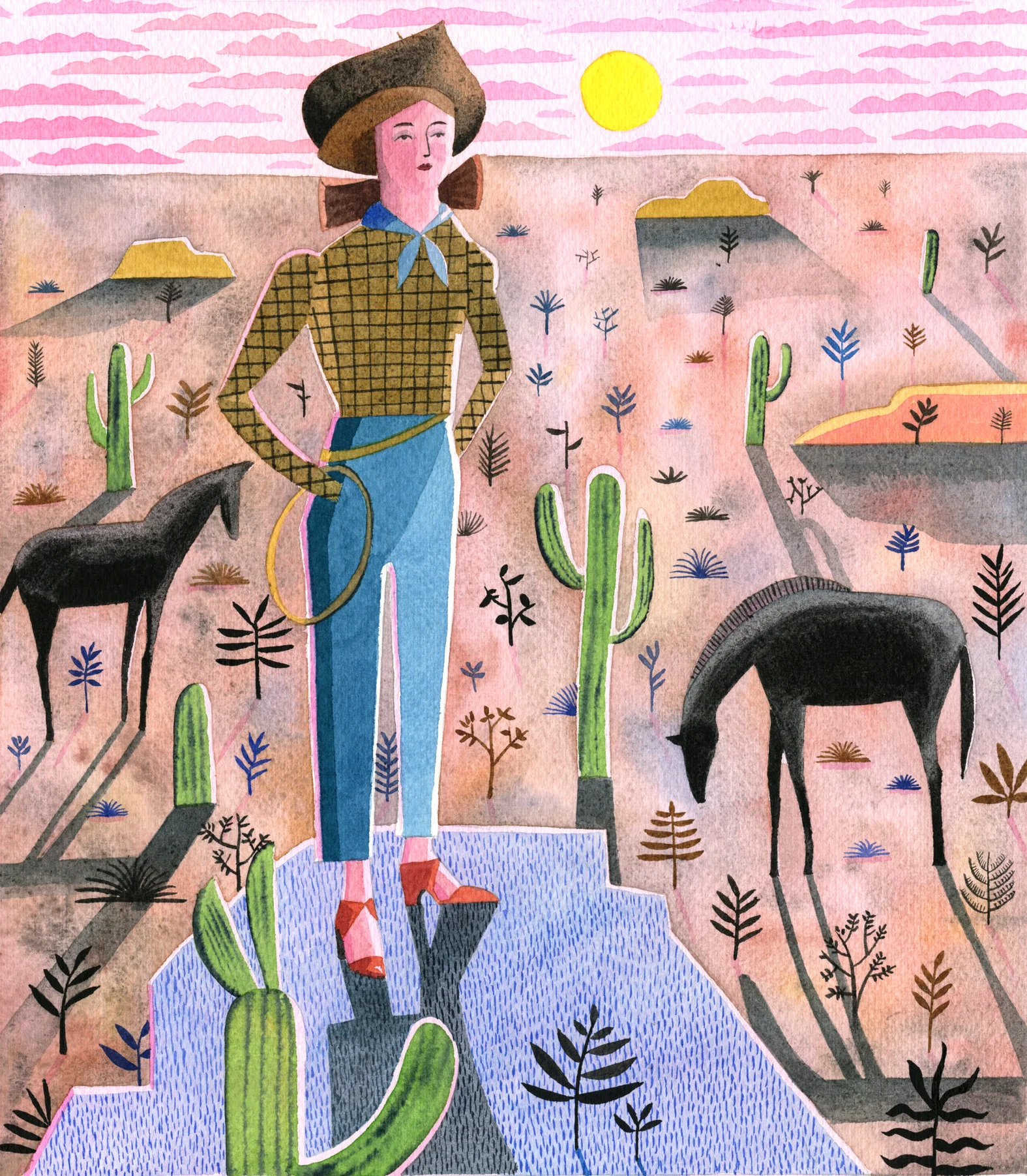 Cowgirl with two horse's