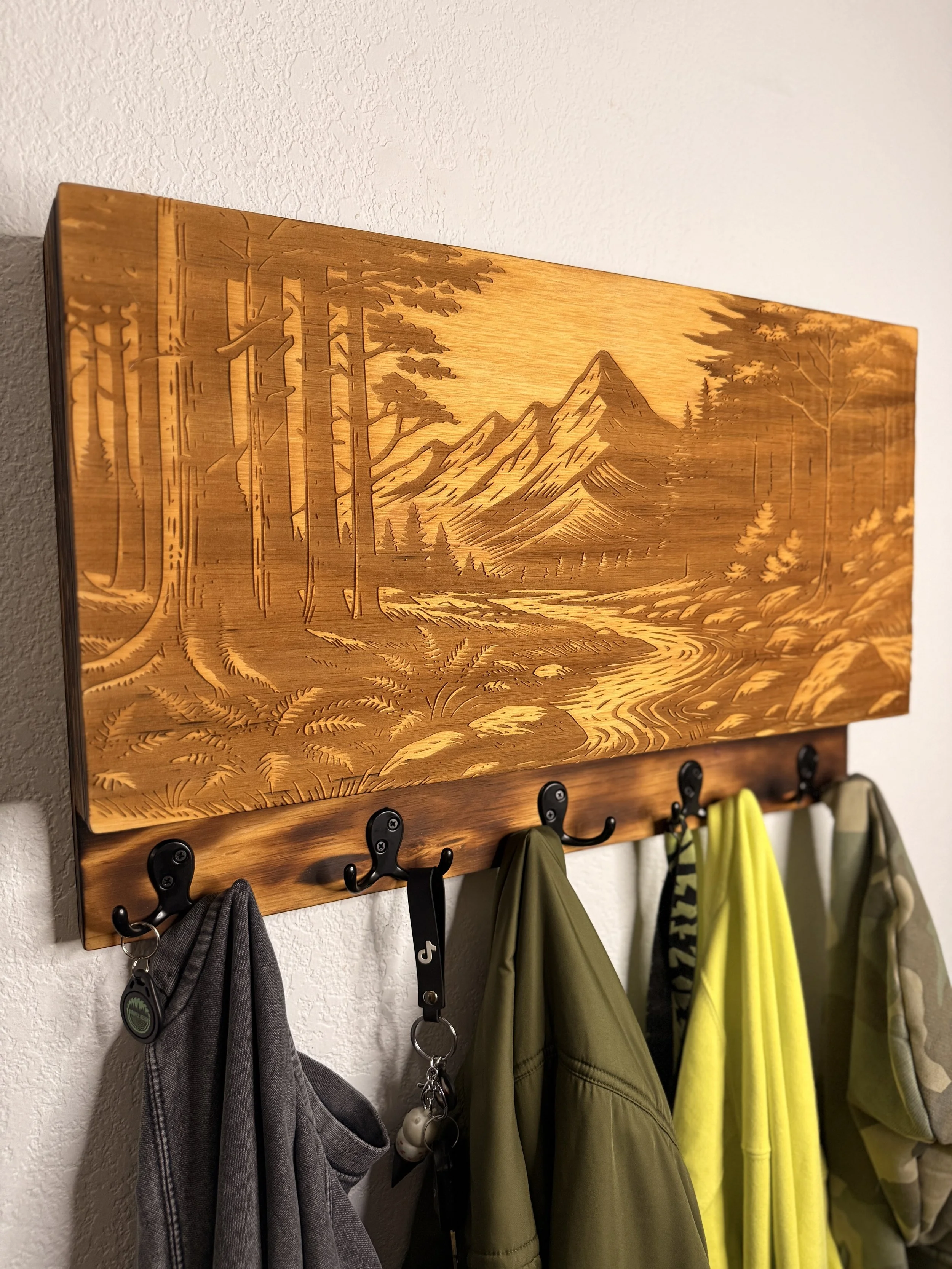 Mountain, River, and Trees Concealment Coat Rack