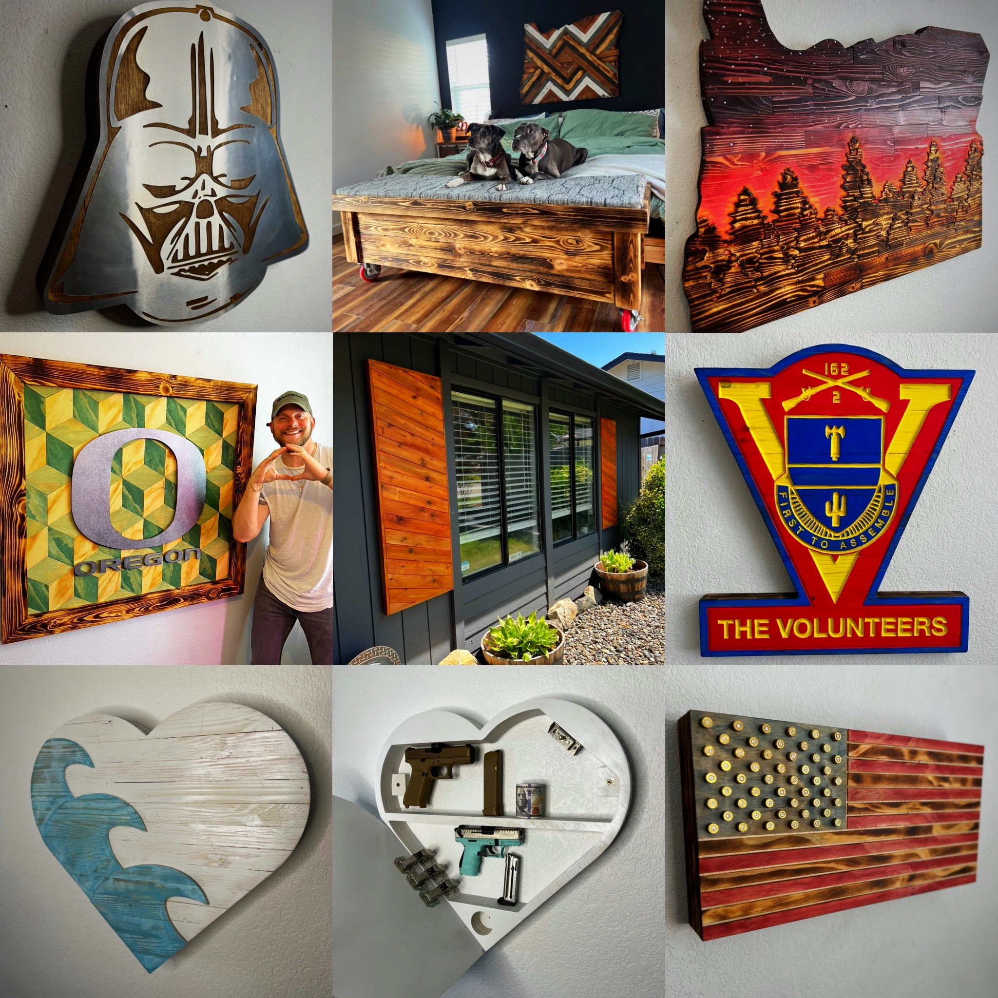 Collage of various woodworks including a Darth Vader silhouette, a bedroom with a wooden bedframe and two dogs, a wooden Oregon sign, an exterior house view with wooden shutters, a wooden plaque for 'The Volunteers,' a heart-shaped design with waves, a heart-shaped gun storage, and an American flag made of wood and bullets.