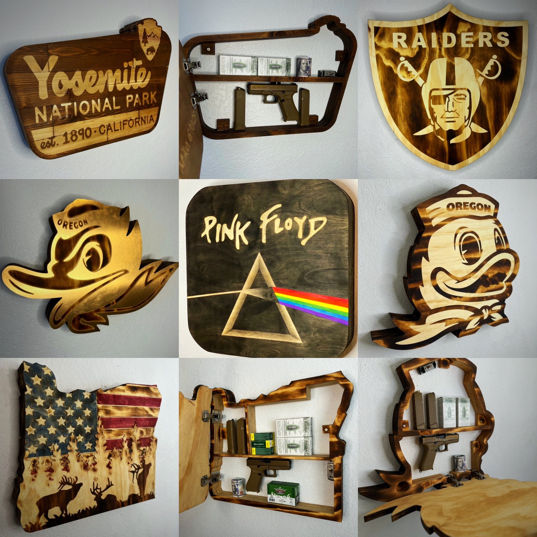 Collage of wooden wall art and concealment cabinets. Top left features "Yosemite National Park" sign. Center top shows a gun concealment cabinet with currency. Top right displays a Raiders shield logo. Middle left features an Oregon duck head design. Center shows a Pink Floyd logo with prism. Middle right has another Oregon duck head design. Bottom left is a US flag outline with deer. Bottom right images show open wooden cabinets with hidden compartments for firearms and items.