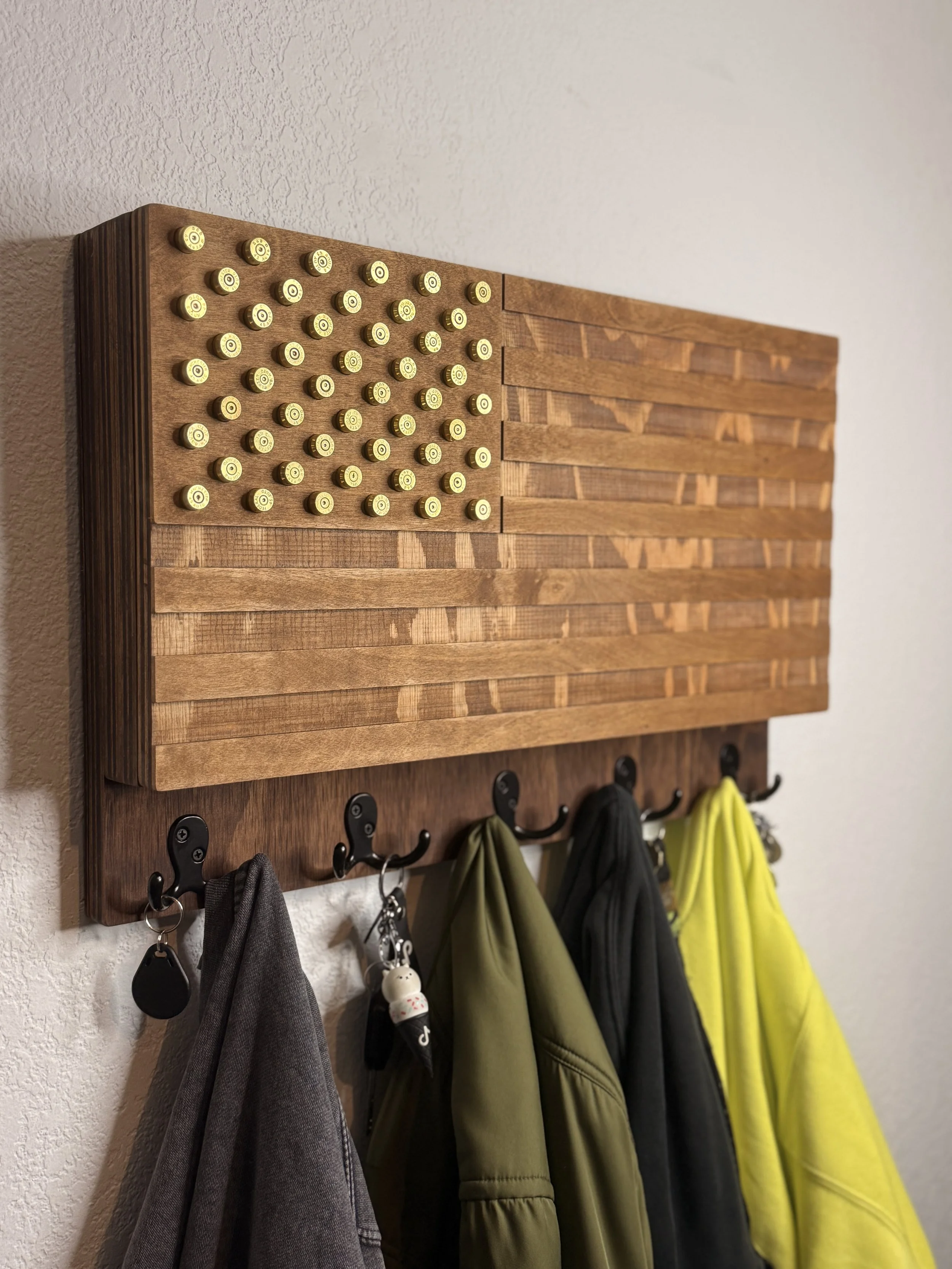 Rustic American Flag Concealment Coat Rack with Bullet Stars