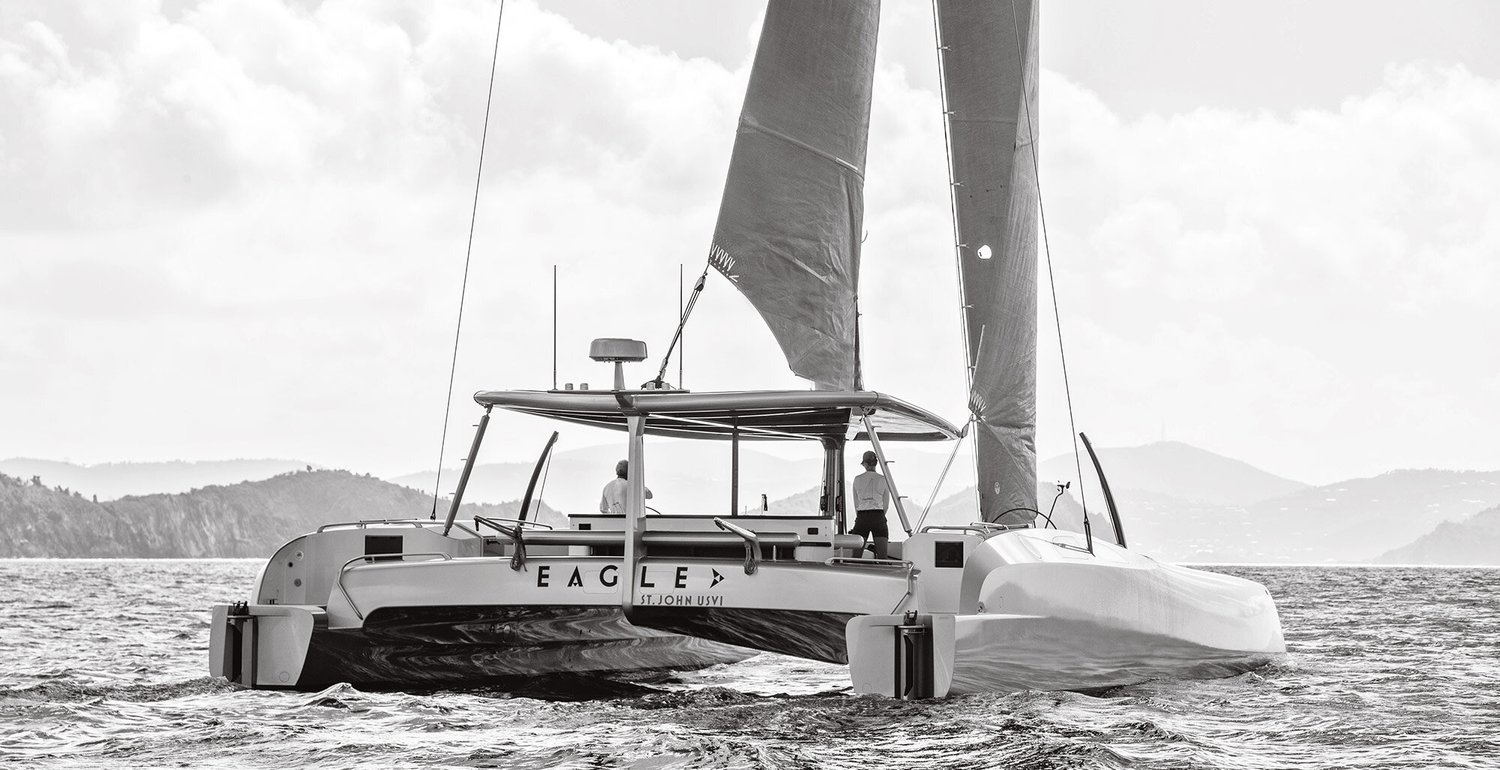 Eagle Class 53 at sea, black and white photo of the helm station and sails