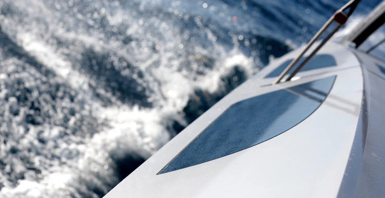Close-up of the Eagle Class 53 carbon fiber hull with spray