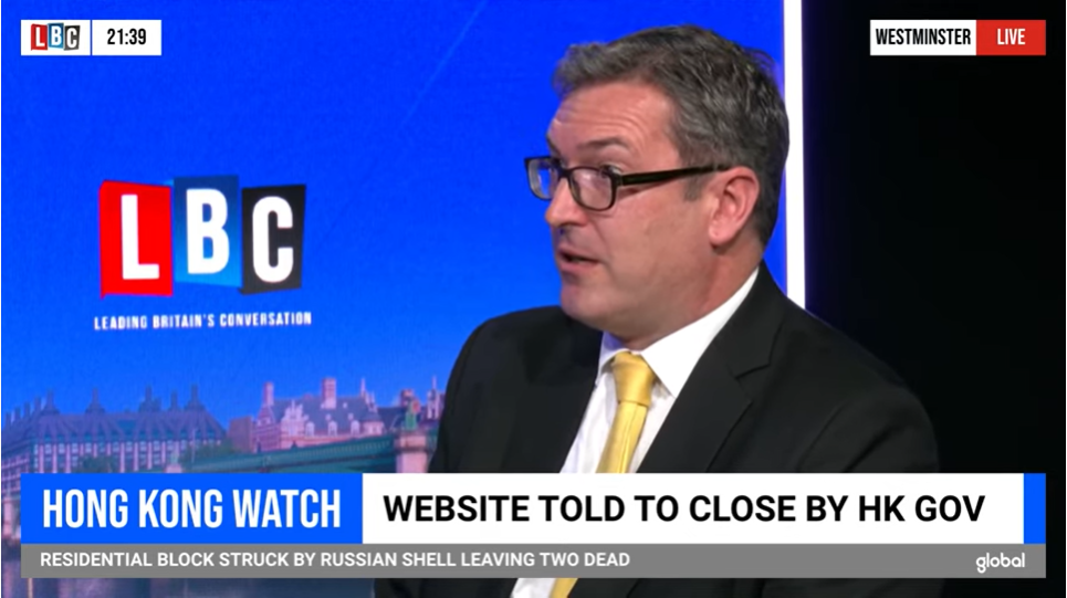 Hong Kong Watch Chief Executive Benedict Rogers on LBC News interview