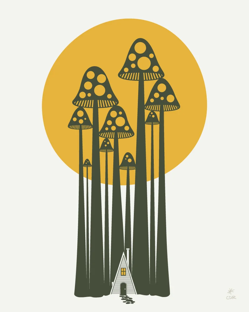 Cosmic Mushroom Forest Cabin Art Print by CDR