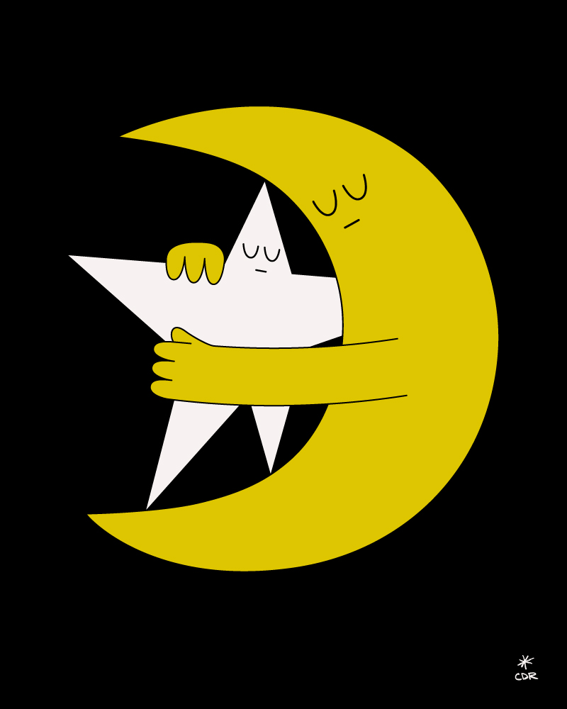 Moon & Star Hug Peace & Love Art Print by CDR