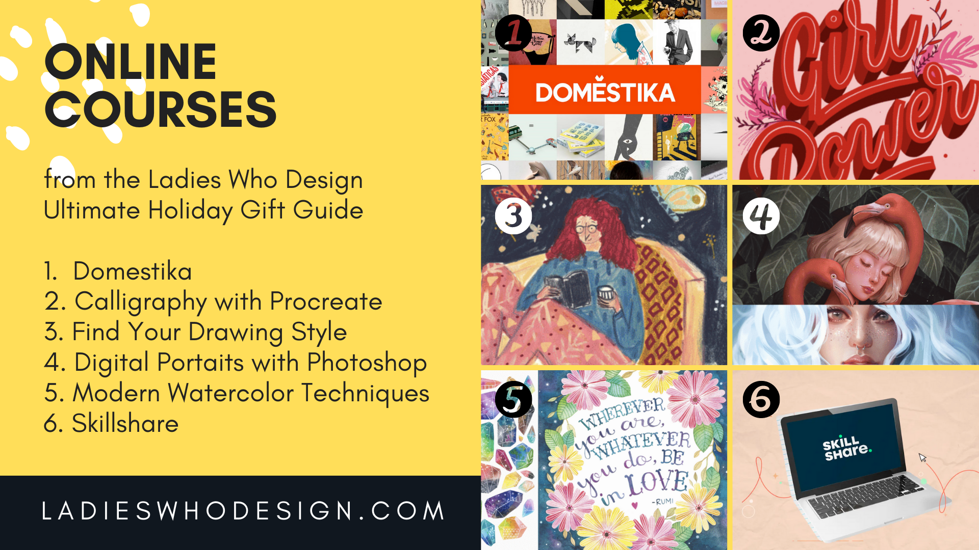 Graphic containing photos of courses listed in the Ladies Who Design Holiday Gift Guide