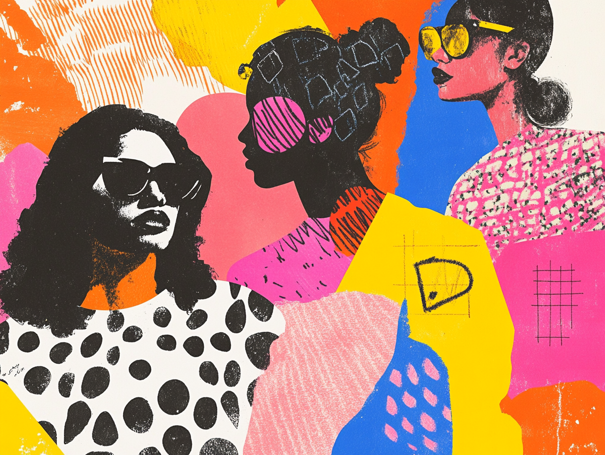 Collage of diverse women graphic designers wearing bold fashion in artistic composition