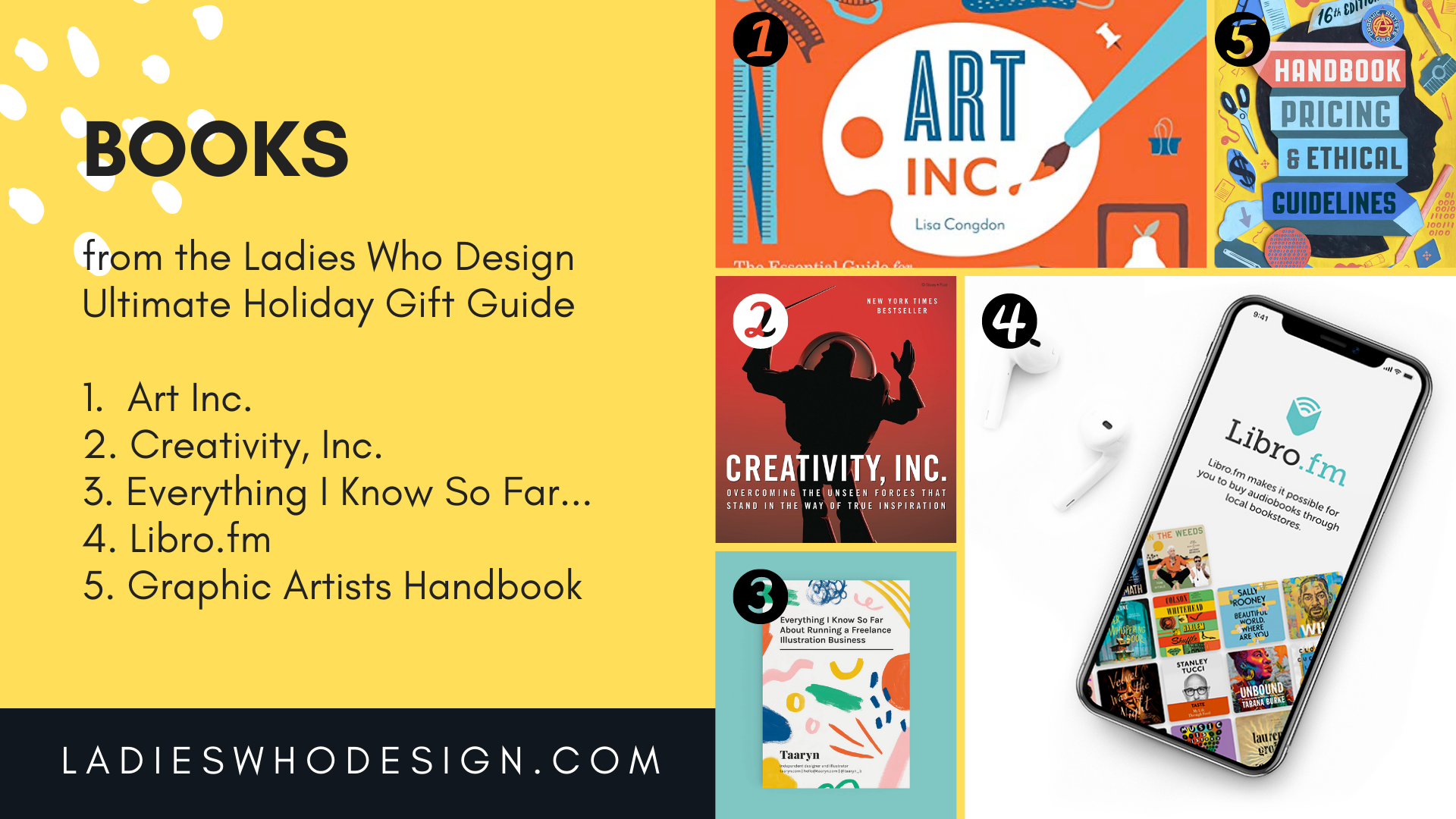 Graphic containing photos of books listed in the Ladies Who Design Holiday Gift Guide