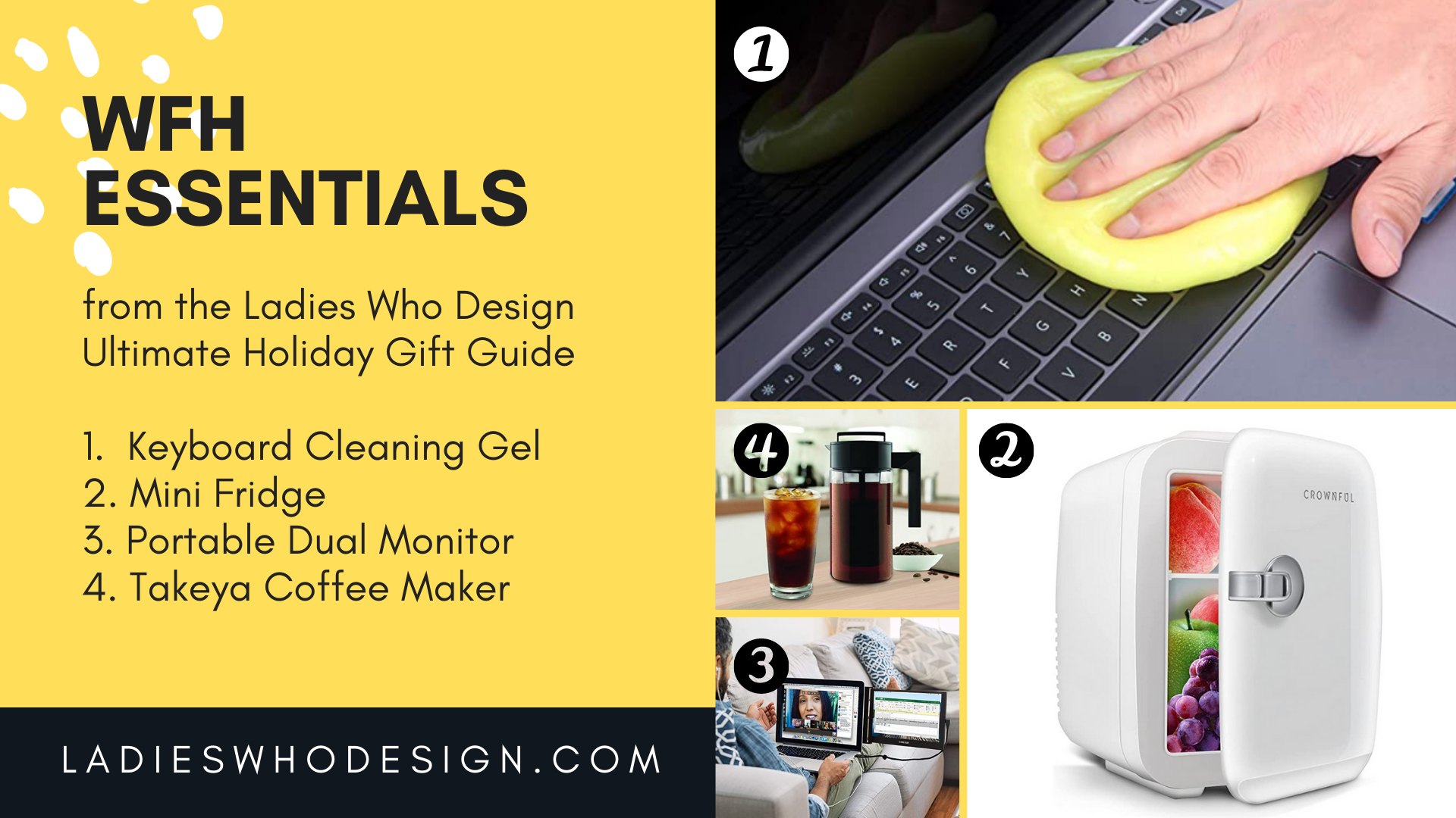 Graphic containing photos of Work From Home Items listed in the Ladies Who Design Holiday Gift Guide