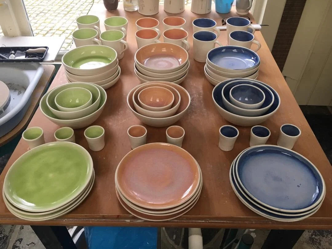 Breakfast china fired and ready to be packed for its journey reside on a boat on the Med #studiopotter #stoneware #glazes #workshops #ceramics #pottery