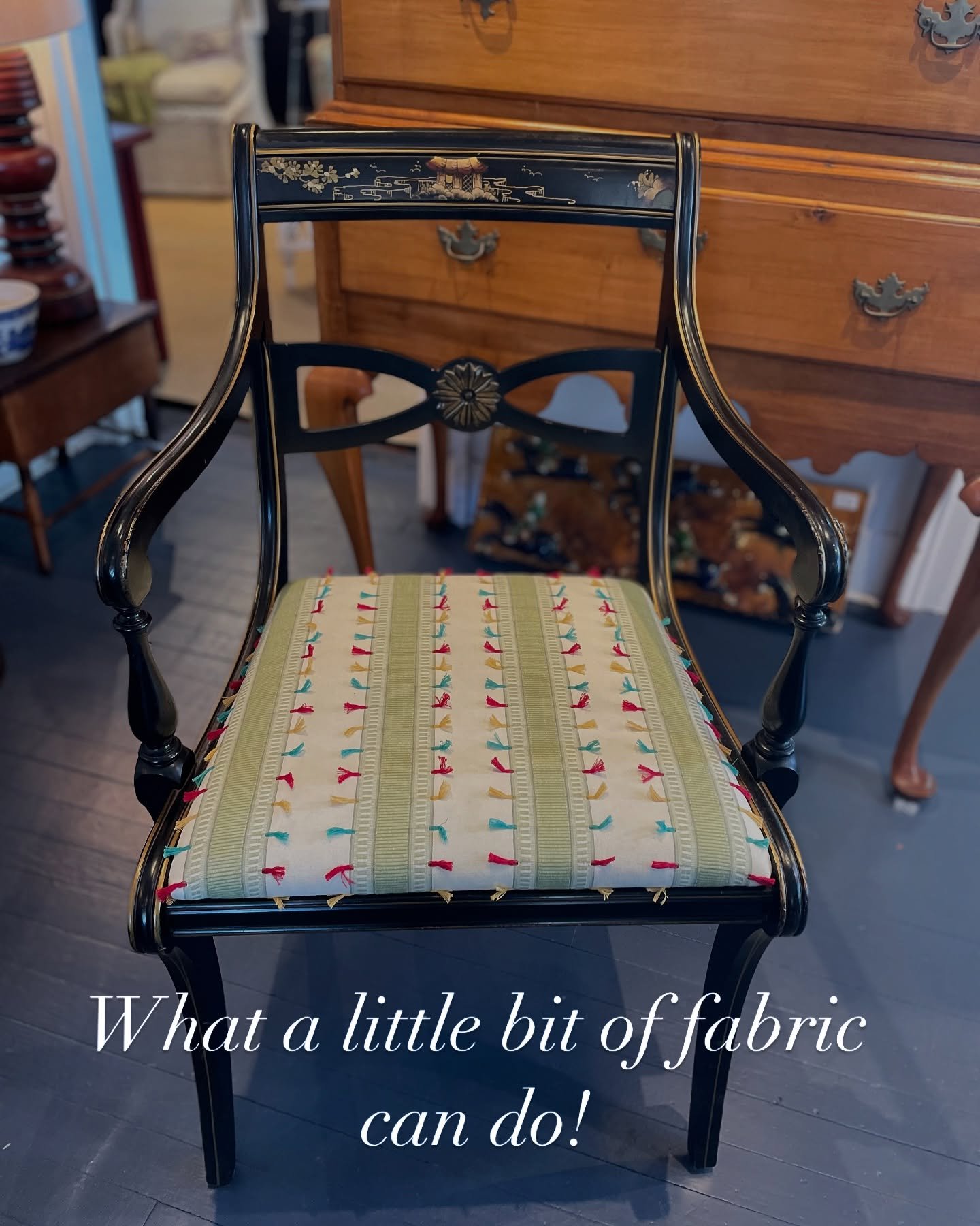 What a small amount of fabric can do. 
Chinoiserie arm chair recently reupholstered $425.