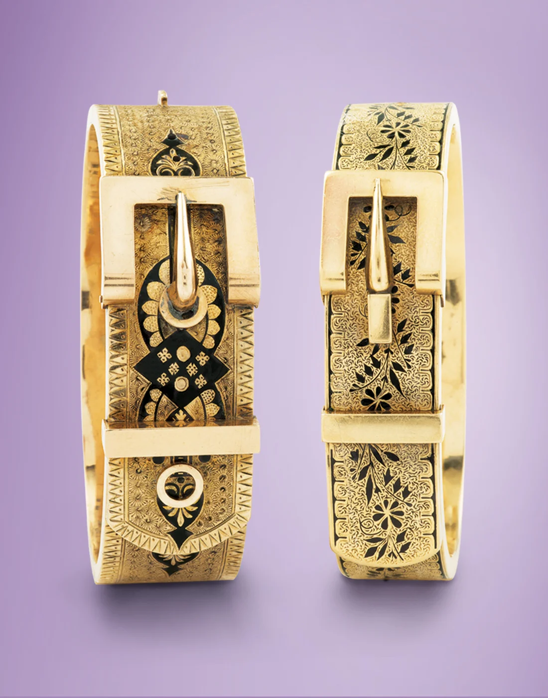 Circa 1870-1890. Four American bangle bracelets. Center: Pair of 14 kt gold Etruscan beaded bangles. $3,400 Buckle bangles on left and right, from $1,075. 