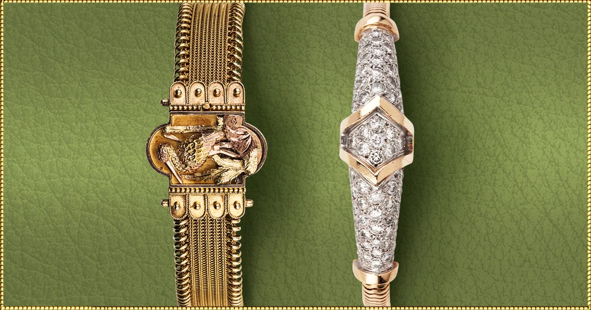 FOR BIRD LOVERS AND DIAMOND DIVAS. An eye for the unique and unusual is the hallmark of Barker’s Antique Jewelry. Everyone loves Barker's bracelets, and for very good reason. Such a wide array of designs from which to choose, and each one a breathtaking and unique choice. Left: Gold weave design and tri-colored clasp with a hand engraved bird design. Flexible bracelet. 14 karat gold. Circa 1880’s. $2,200. Right: A custom design from the 1960’s. Over 2 carats (2.5) of diamonds with a 14 karat gold setting. $4,500.