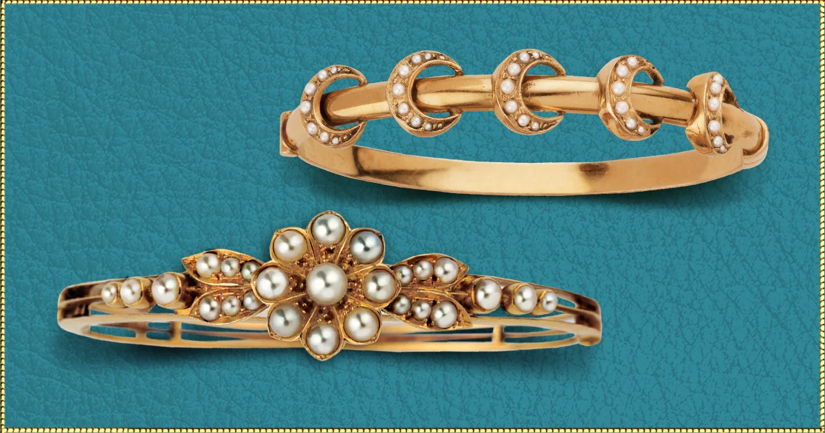 TAKE A BANGLE ON VACATION. Gold bangles with pearls are great for casual and dress wear this summer. These antique bangles with pearls are a small sample of the exciting selection of bangles and bracelets now at Barker’s. Top: Very unusual design of gold crescents set with pearls. 14 karat gold. American circa 1880’s. $1,200. Lower: England circa 1880’s. 15 karat gold. A wonderful flower motif designed with pearls. $2,700.