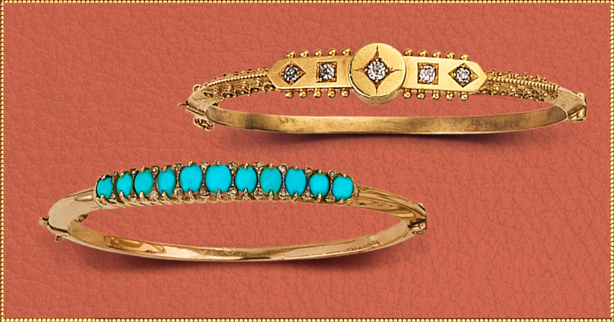 TIME TO TREAT YOURSELF. You certainly deserve it, and no one knows that better than you. Sometimes you’ve just got to take matters into your own hands. Or in the case of these two beautiful bangles, your own wrists. Top: 15 karat gold and diamonds with Etruscan work in elegant detail. Circa 1880’s England. $1,725. Lower : Eleven Persian turquoise gems set with rose cut diamonds. 9 karat gold bangle. England circa 1880’s. $1,750.