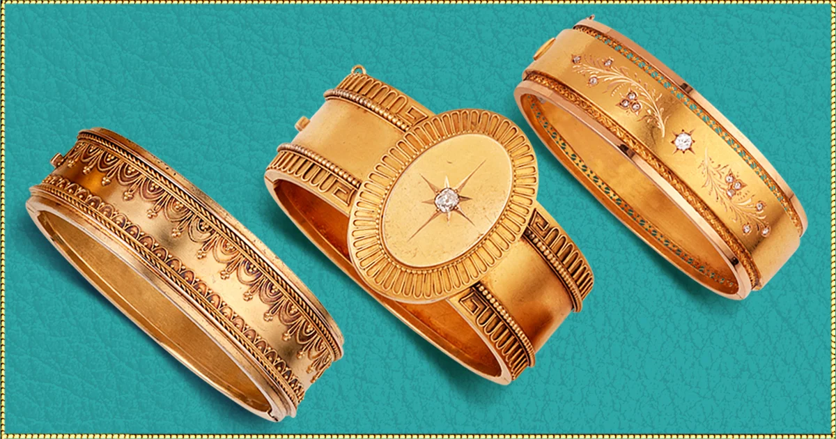 BANGLES AND BRACELETS, OH MY! Victorian Etruscan work, diamonds, and delicate hand-engraved designs invite a closer look at these three bracelets. Barker’s bracelets and bangles are perfect for day and nighttime accessories because they can look great with your best jeans or your favorite black dress. Left: Victorian England era bangle with intricate Etruscan handwork. 15 karat gold. Circa 1870’s. $4,200. Center : The center diamond star design catches your eye immediately in this 15 karat gold bangle. Very detailed handwork Circa 1860’s-1870’s. $6,500. Right: French diamonds throughout this bangle are distinctive along with a delicate floral design. 18 karat gold. Circa 1860’s. $5,800.