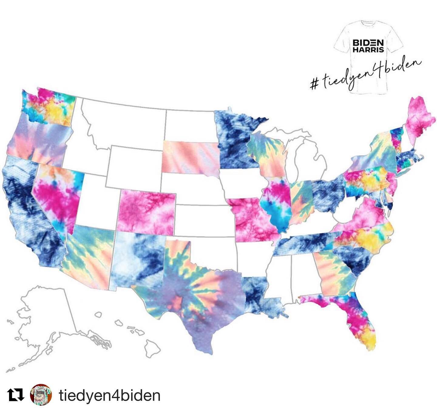 #Repost @tiedyen4biden CHECK OUT THE AMAZING WORK THESE DYE HARDS ARE DOING TO SAVE OUR DEMOCRACY!
・・・
A tyedal wave across the USA. These are the states that have ordered shirts. Let&rsquo;s turn this map into one big groovy spiral of color! Unfortu