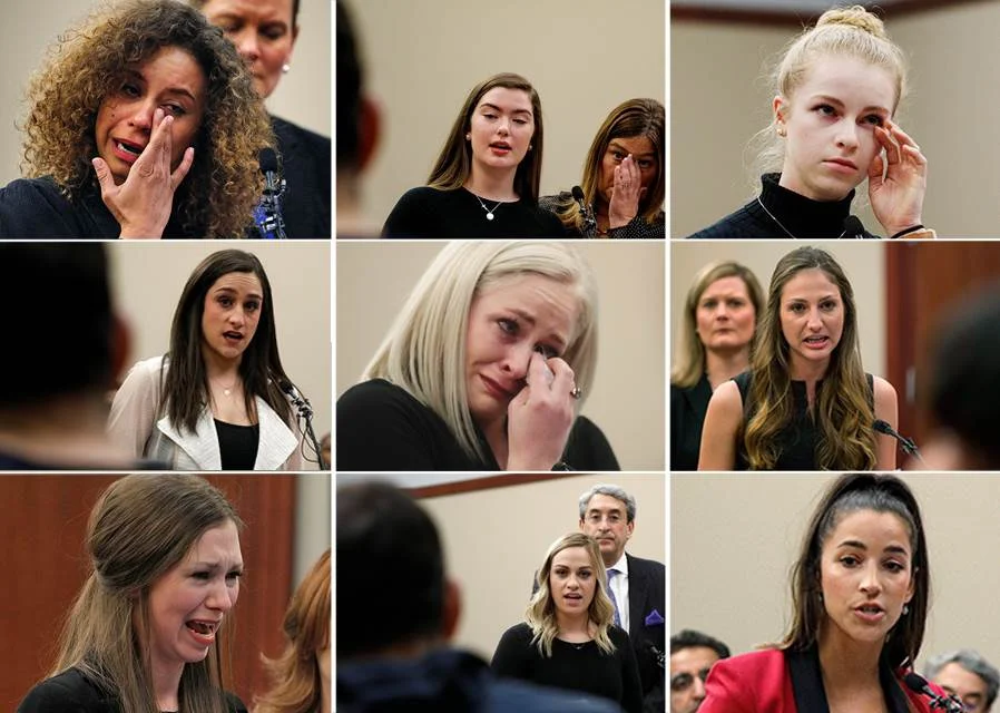 Just a few of the 160 women who spoke out during the Victim Impact Statement portion of former USA Gymnastics and Michigan State University sports doctor Larry Nassar's sentencing in January 2018. Nassar was sentenced to 40 to 175 years in prison after over 150 women and girls said he sexually abused them under the premise of providing medical treatment as part of their athletic training.