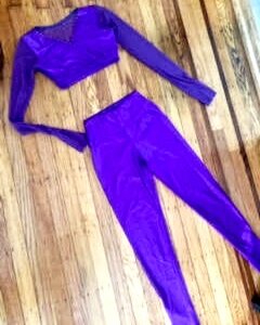 Malia - 2-Piece Purple Long-sleeve Mesh Top w/ Rhinestones + Matching Purple  Pants, Size Medium (RENTAL) — Two Hearts Dance & Yoga