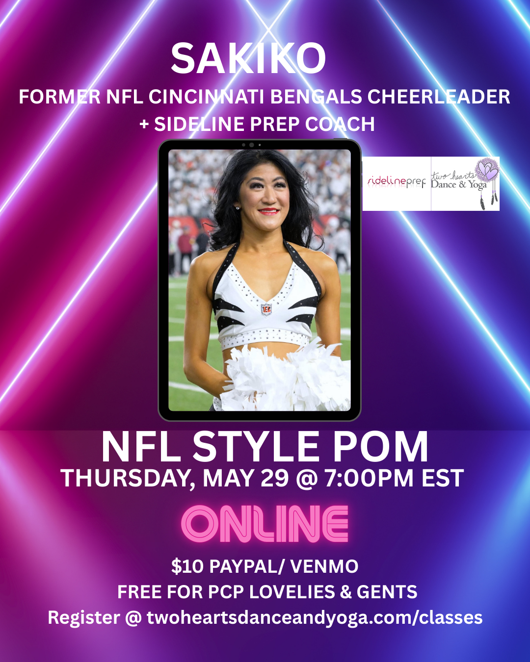 NFL Style Pom w/ Former 5x NFL Cheerleader, Sakiko - Online Class - Thurs. 5/29/25 at 7:00pm EST