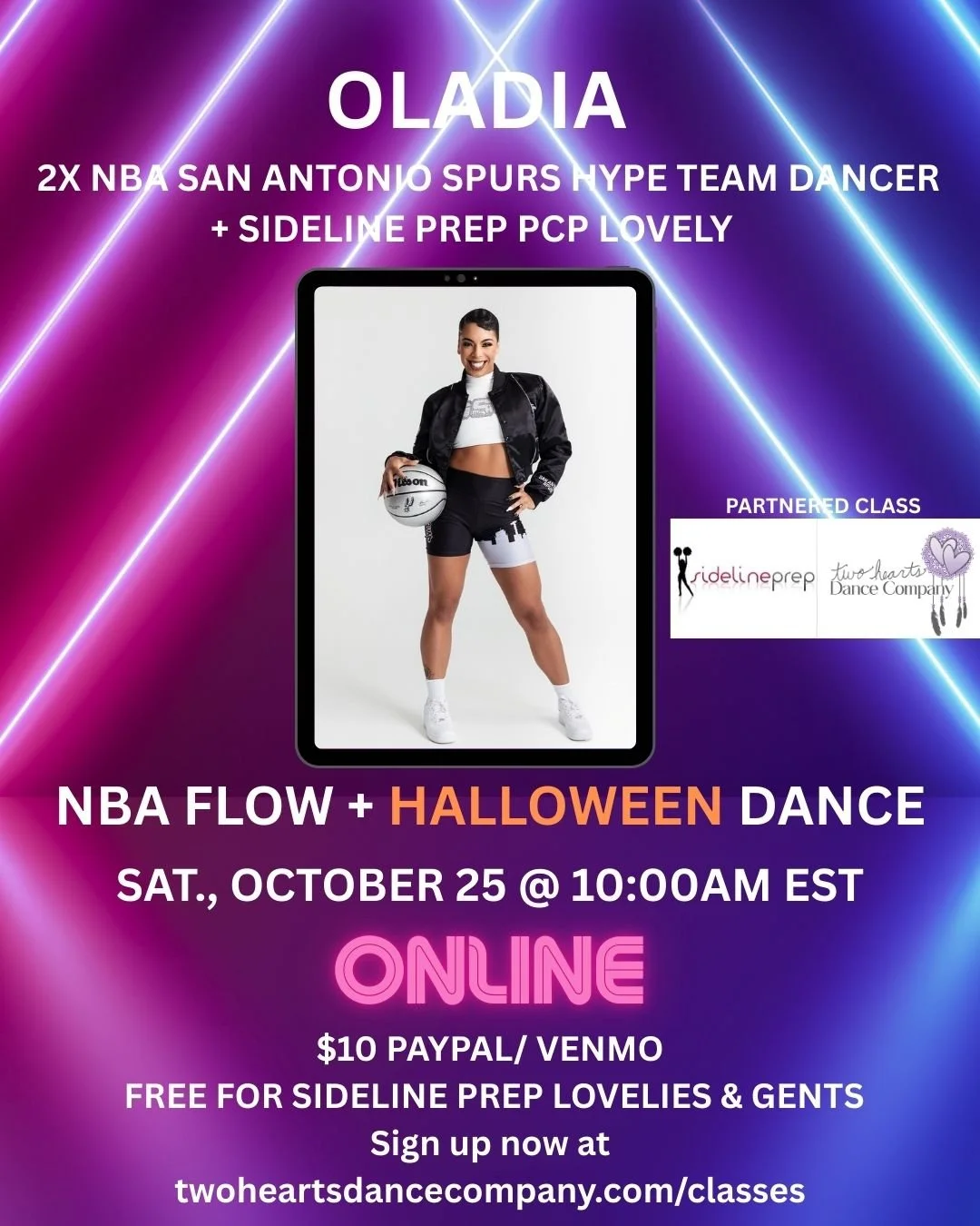 Two Hearts + Sideline Prep Pop-up: NBA Flow + Halloween Dance w/ Oladia, Former Spurs Hype Squad Dancer, Sat. Oct. 28 at 10am EST Online