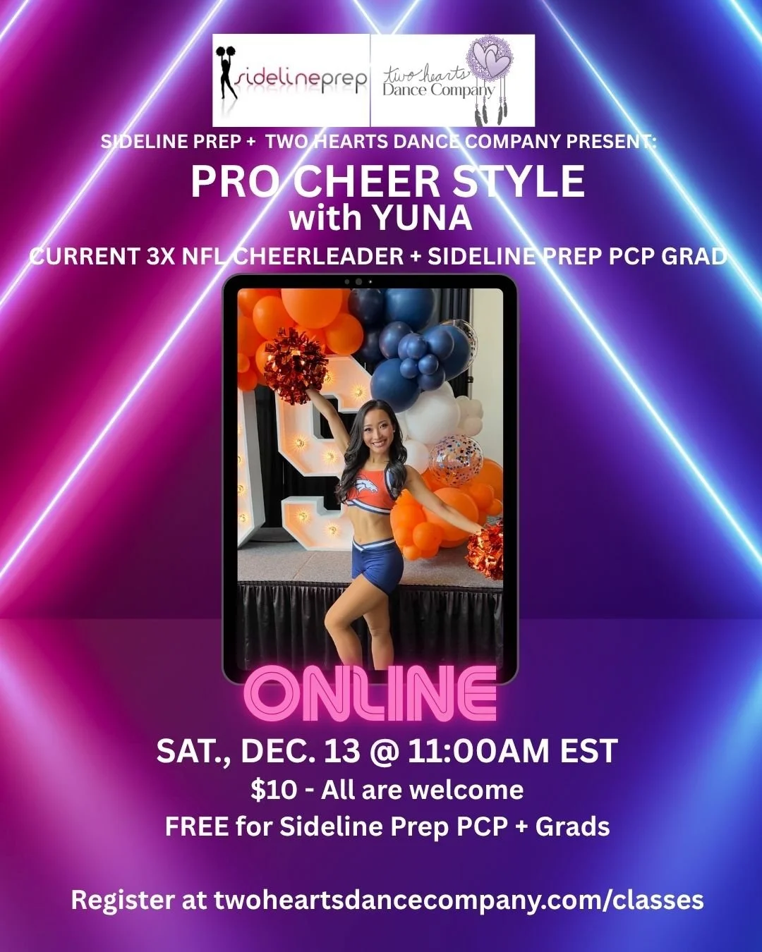 Two Hearts + Sideline Prep Pop-up Class: Pro Cheer Style, NFL Denver Broncos Cheerleader - Online Dance Class 12/13/25