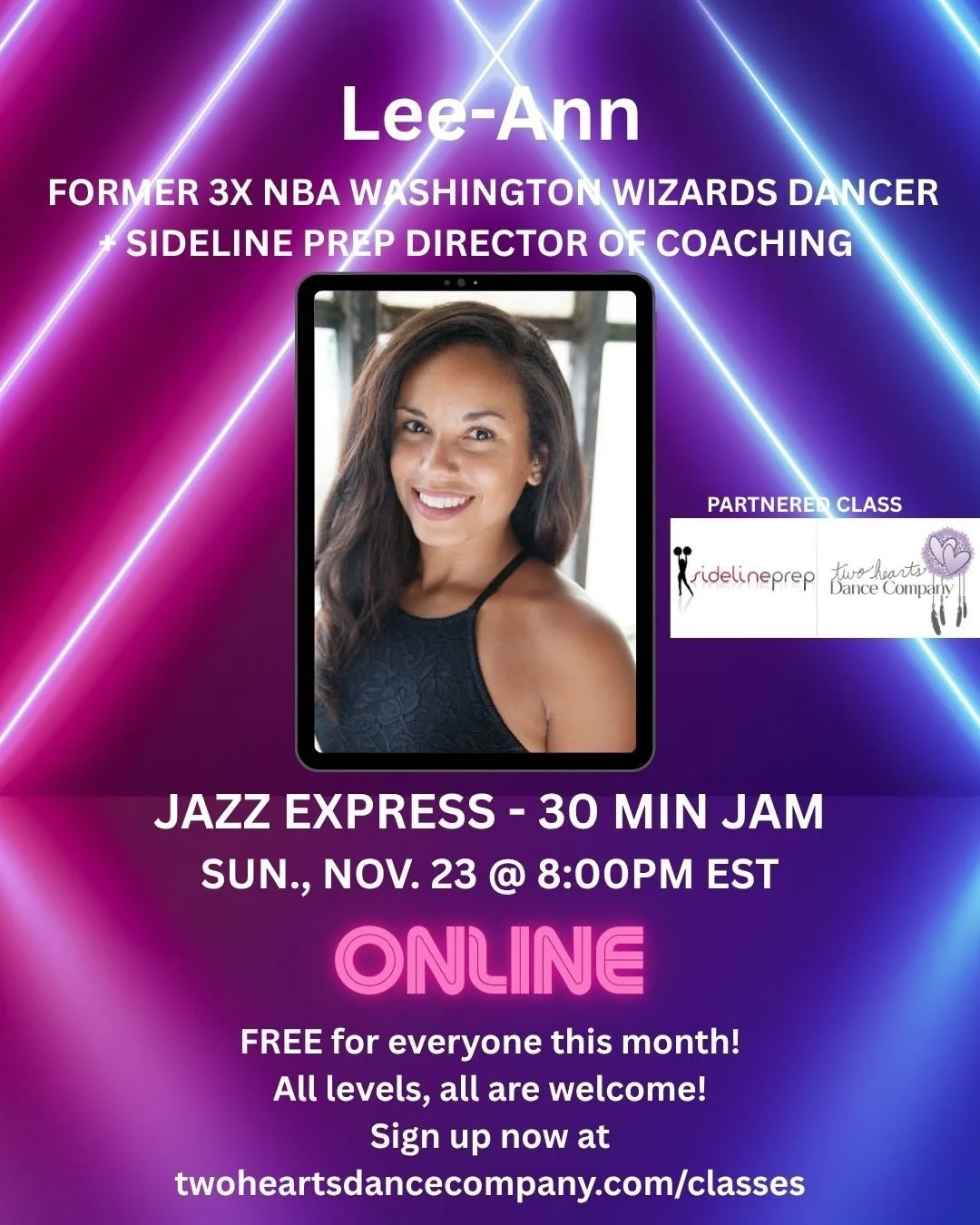 Two Hearts + Sideline Prep Pop-up Class: Jazz Express - Monthly w/ Lee-Ann, Sunday 11/23 at 8:00pm EST Online