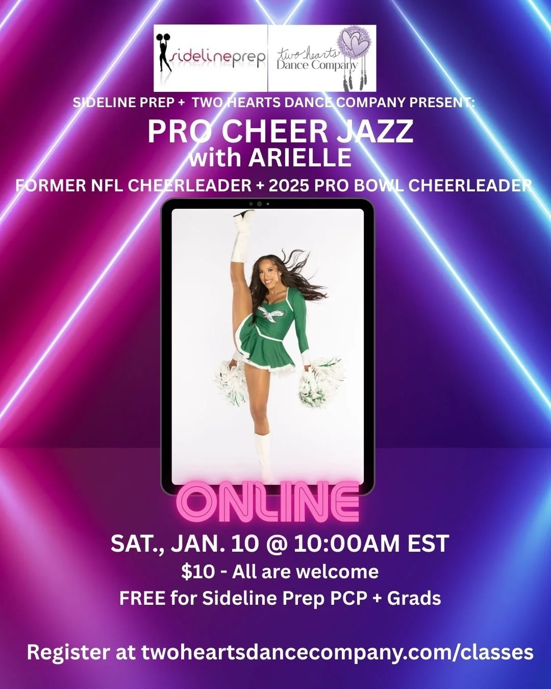 Two Hearts + Sideline Prep Pop-up Class: Pro Cheer Jazz, Former NFL Philadelphia Eagles Cheerleader - Online Dance Class  1/10/26