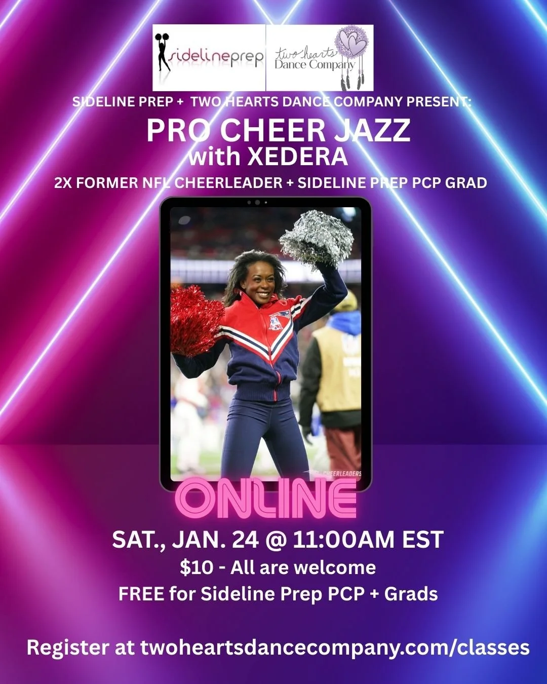 Two Hearts + Sideline Prep Pop-up Class: Pro Cheer Jazz w/ Xedera, Former NFL Patriots Cheerleader + Sideline Prep PCP Grad - Online