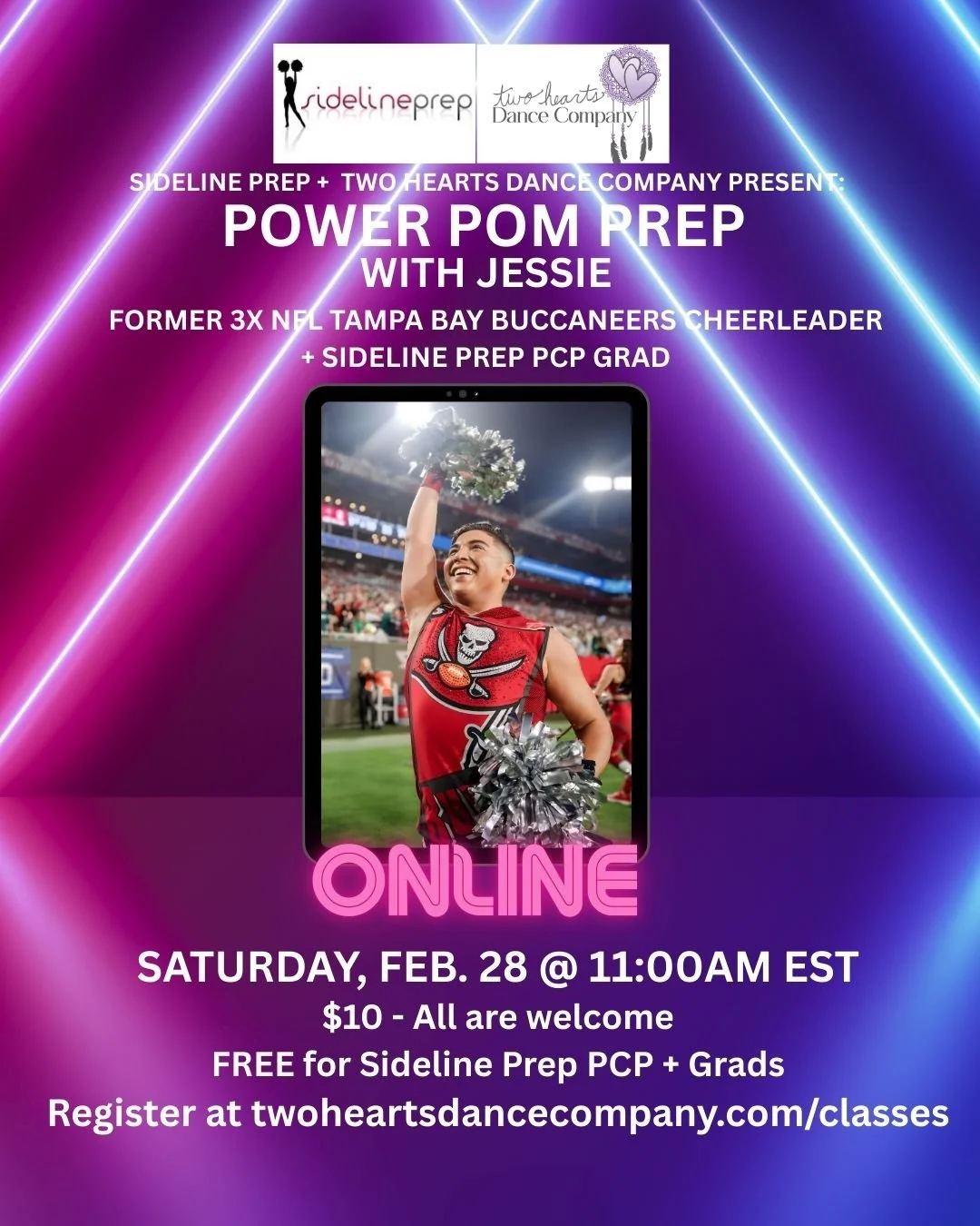 Two Hearts + Sideline Prep Pop-up Class: Power Pom Prep w/ Jessie, 4x Former NFL Tampa Bay Buccaneers Cheerleader + Sideline Prep PCP Grad