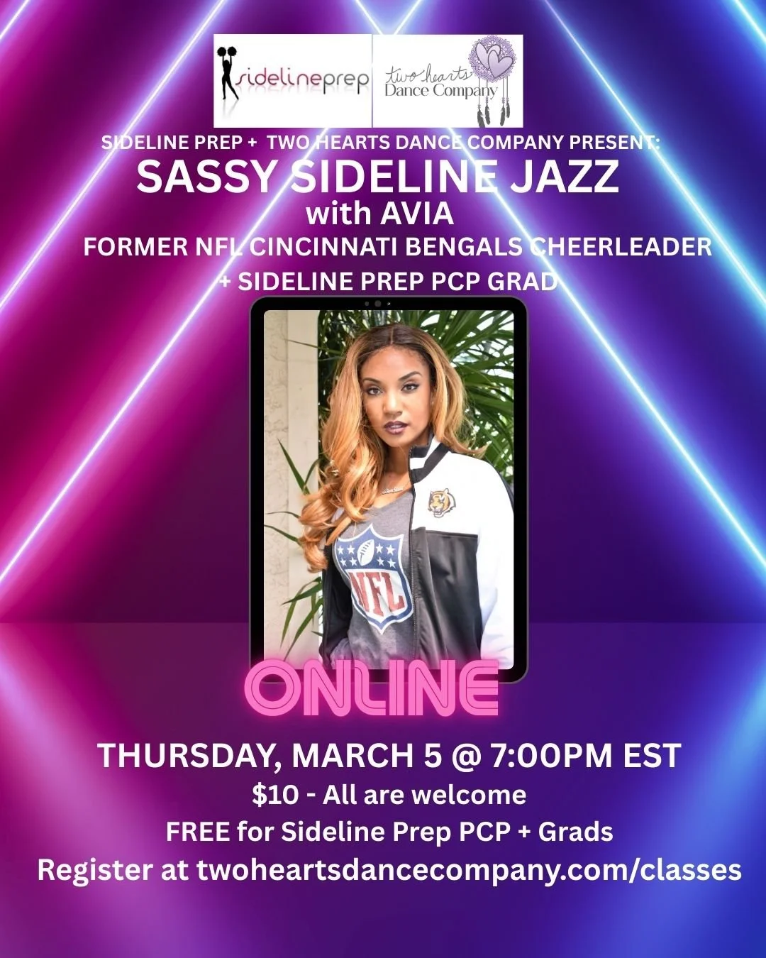 Two Hearts + Sideline Prep Pop-up Class: Sassy Sideline Jazz w/ Avia, Former NFL Cincinnati Bengals Cheerleader + Sideline Prep PCP Grad 