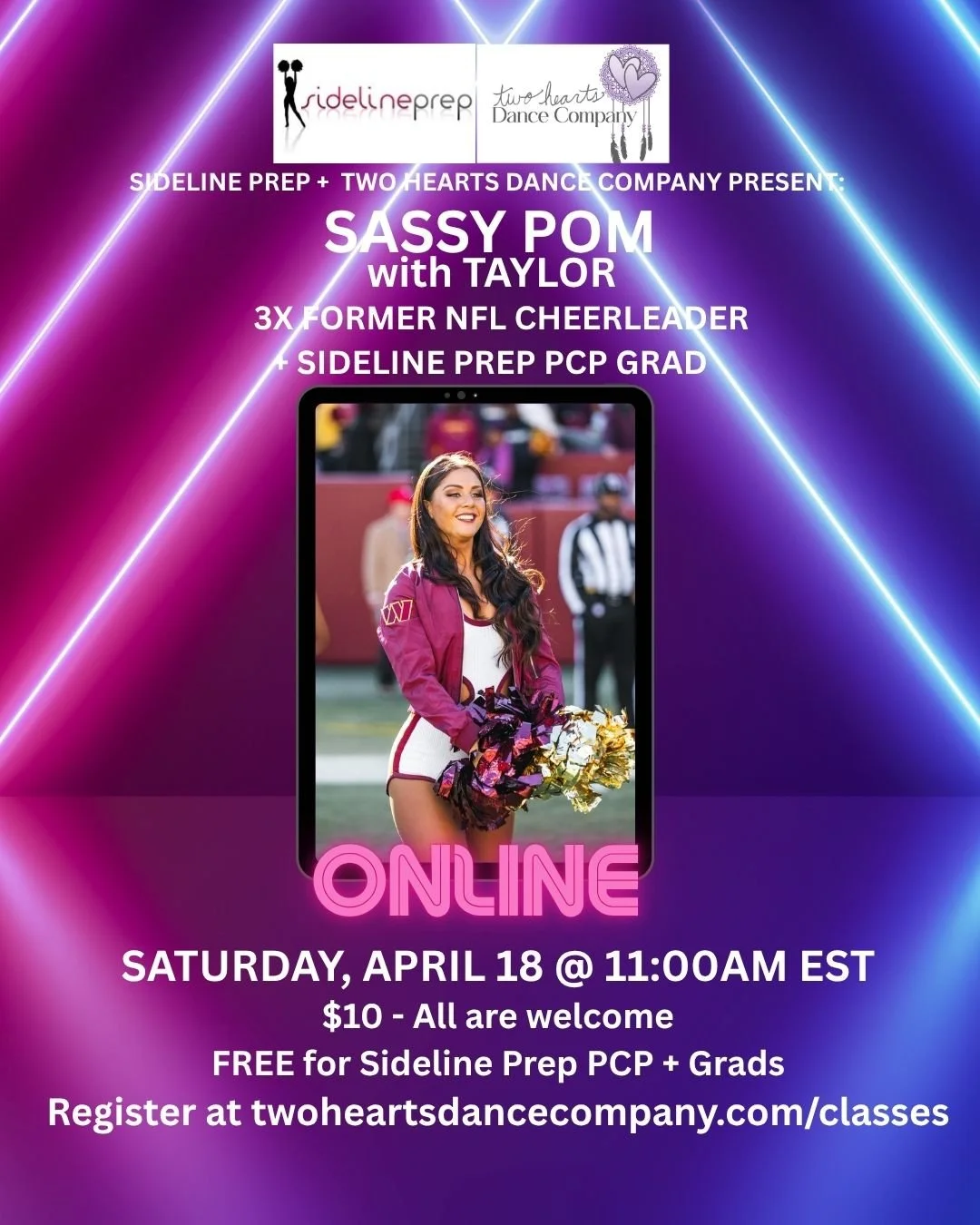 Two Hearts + Sideline Prep Pop-up Class: Sassy Pom w/ Taylor, Former NFL Washington Commanders Command Force Dancer + Sideline Prep PCP Grad 