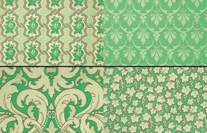 Samples of Victorian wallpaper, poison to the touch. More about this topic can be found in the 2016 book, Bitten by Witch Fever: Wallpaper & Arsenic in the Nineteenth-Century Home.
