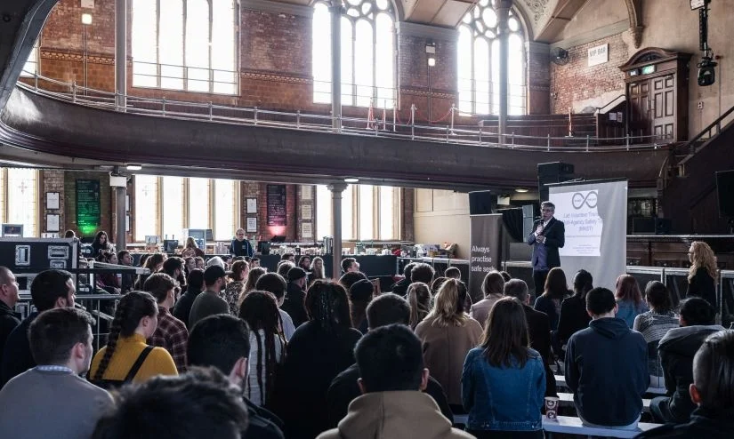 Jeff Smith MP, co-Chair of the All-Party Parliamentary Group on Drug Policy Reform, thanking volunteers for attending a Loop training day, Manchester Albert Hall 2018. Photo Credit: Gary Brown