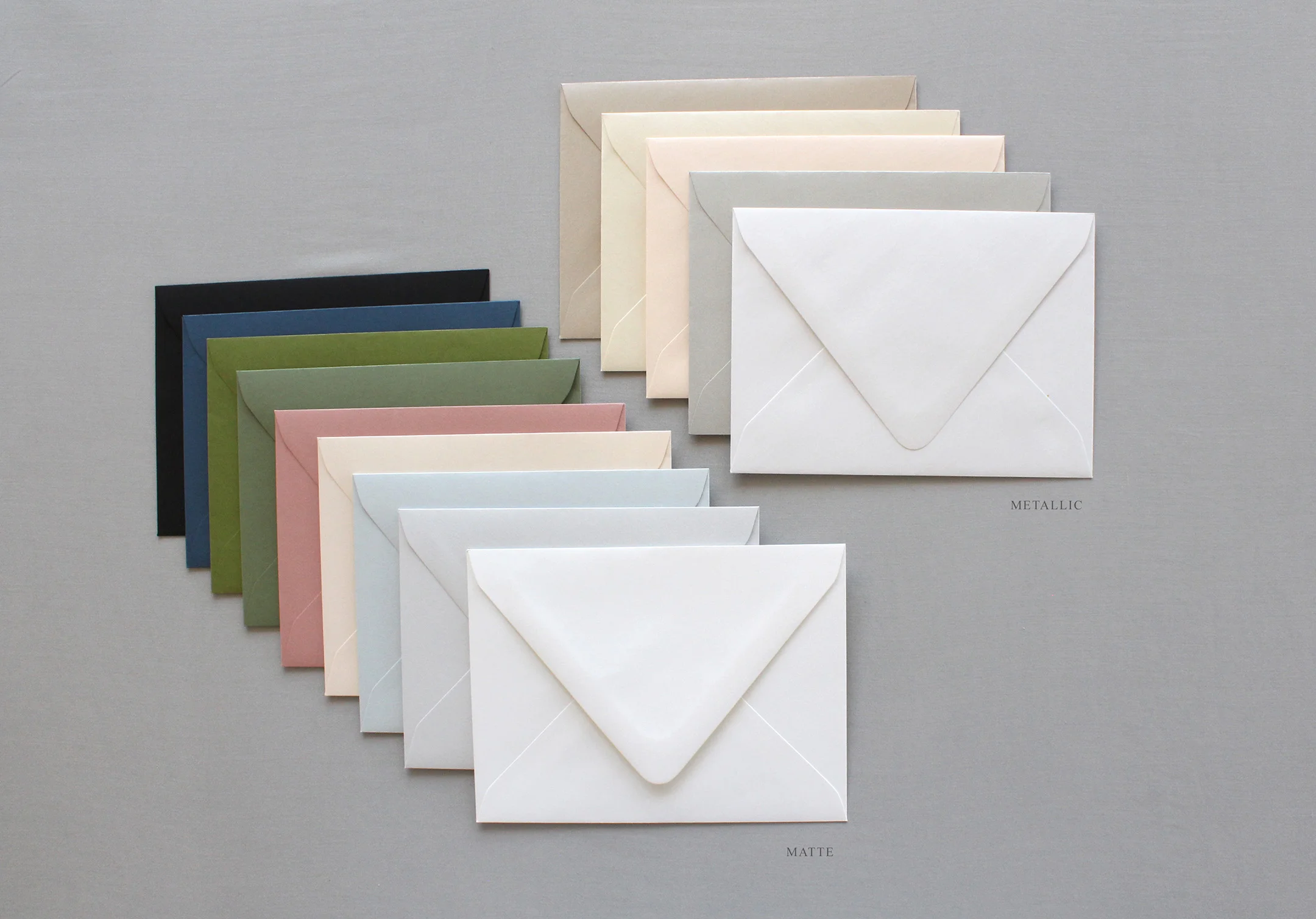 Metallic: Sand, Ivory, Coral, Silver, Crystal Matte: Black, Cobalt, Olive, Dusty Green, Dusty Rose, Soft Coral, Pale Blue, Pale Grey, Snow