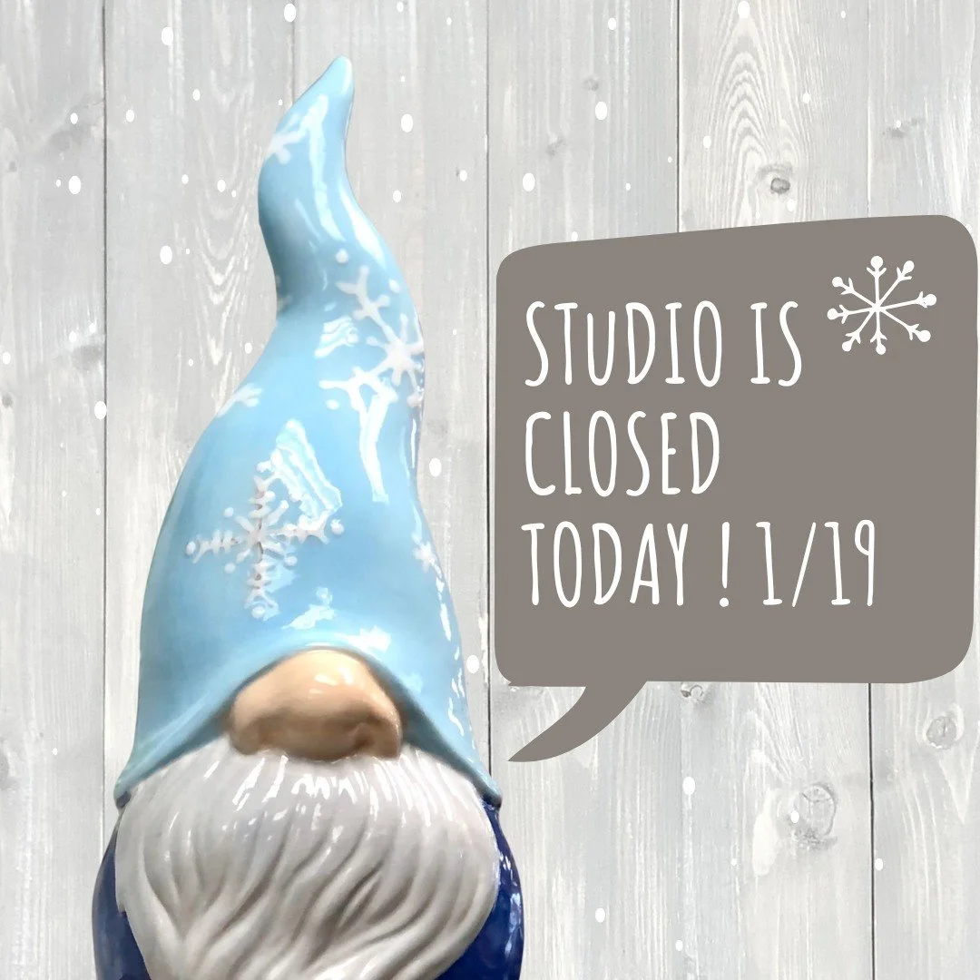 Due to inclement weather the studio will be closed today. We&rsquo;re sorry for the inconvenience. If you had a reservation for pottery painting or Camp Mud, we&rsquo;ll be reaching out shortly.