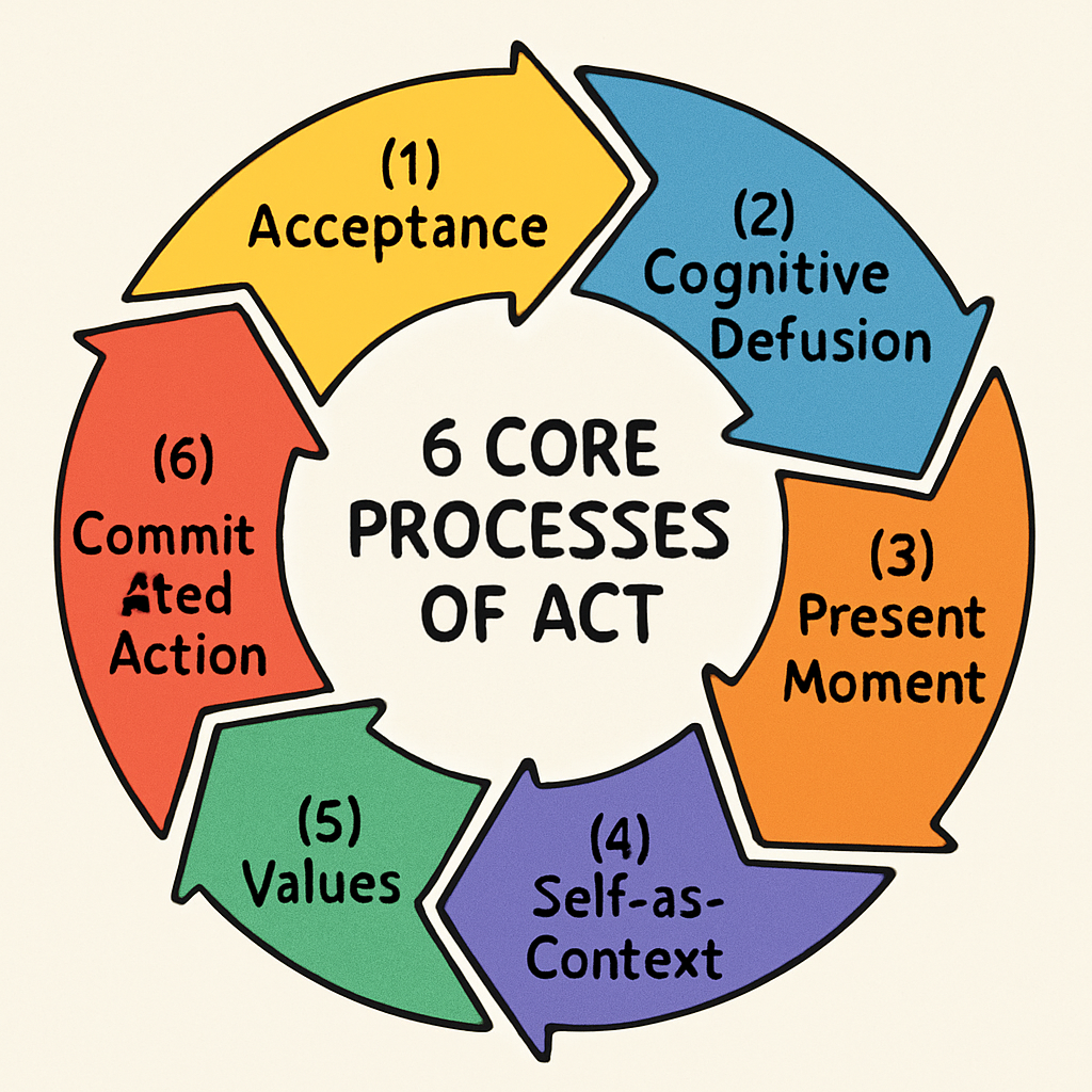 A colorful diagram illustrating the six core processes of ACT