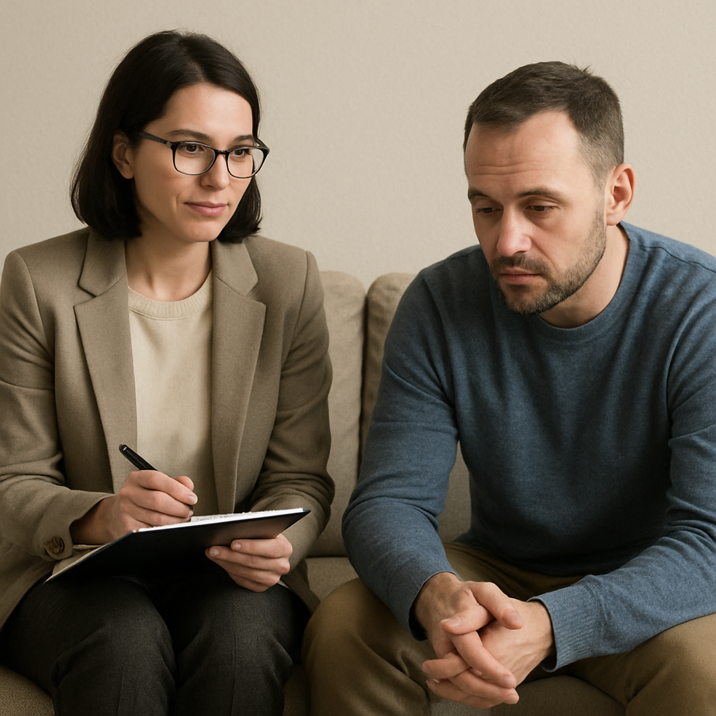 A therapist sitting next to a patient. The therapist is holding a clipboard.