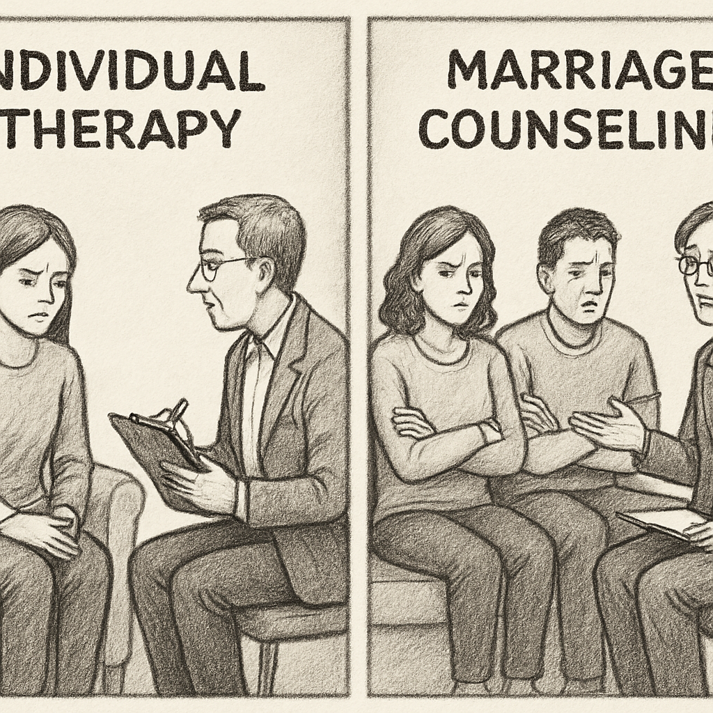 A therapist guiding a couple during a counseling session, emphasizing the importance of communication and support in marriage therapy. The couple appears engaged in the discussion, showcasing a safe space for exploring relationship dynamics.