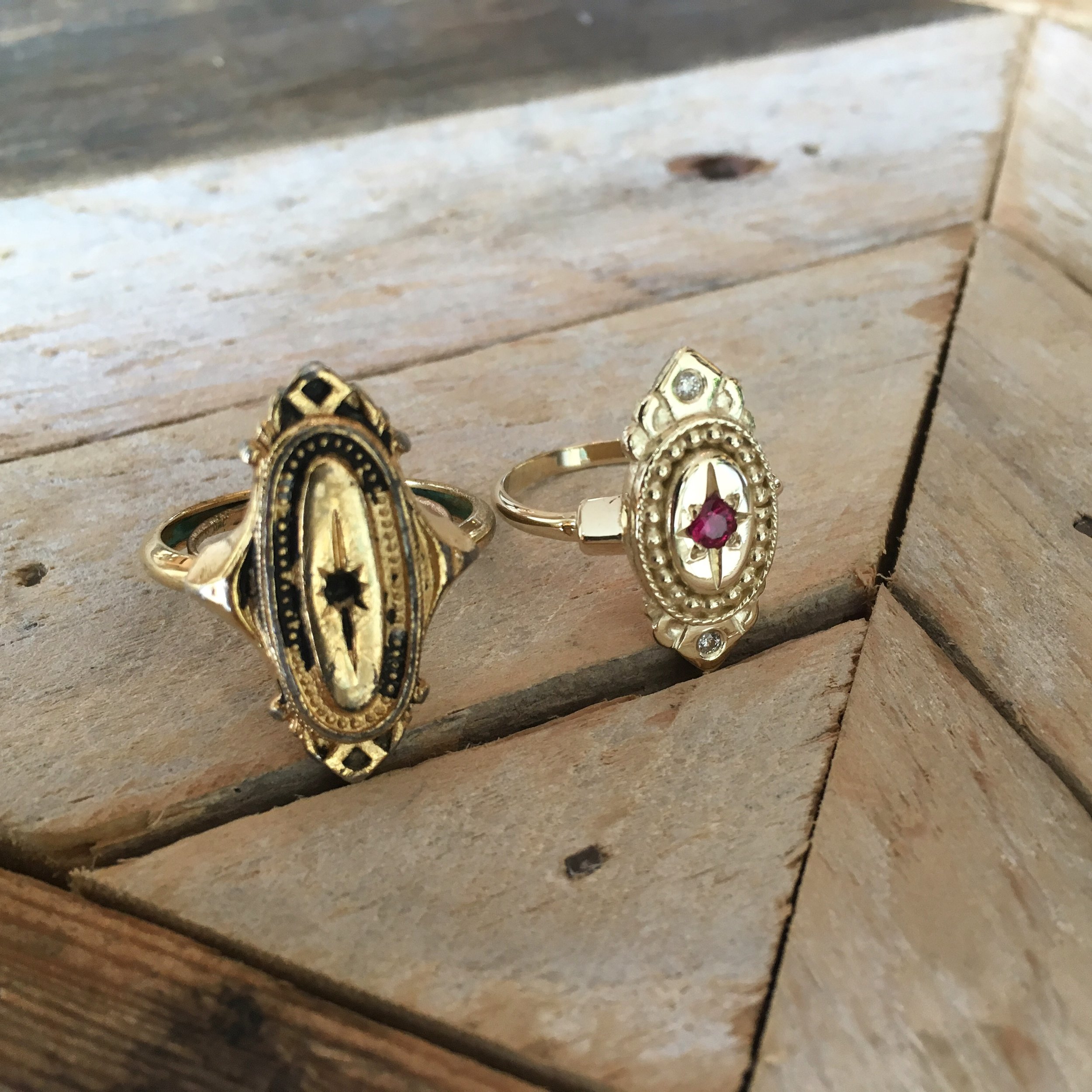  14k Gold, Ruby, and Diamond engagement ring reinterpretation of vintage costume ring. April 2016 