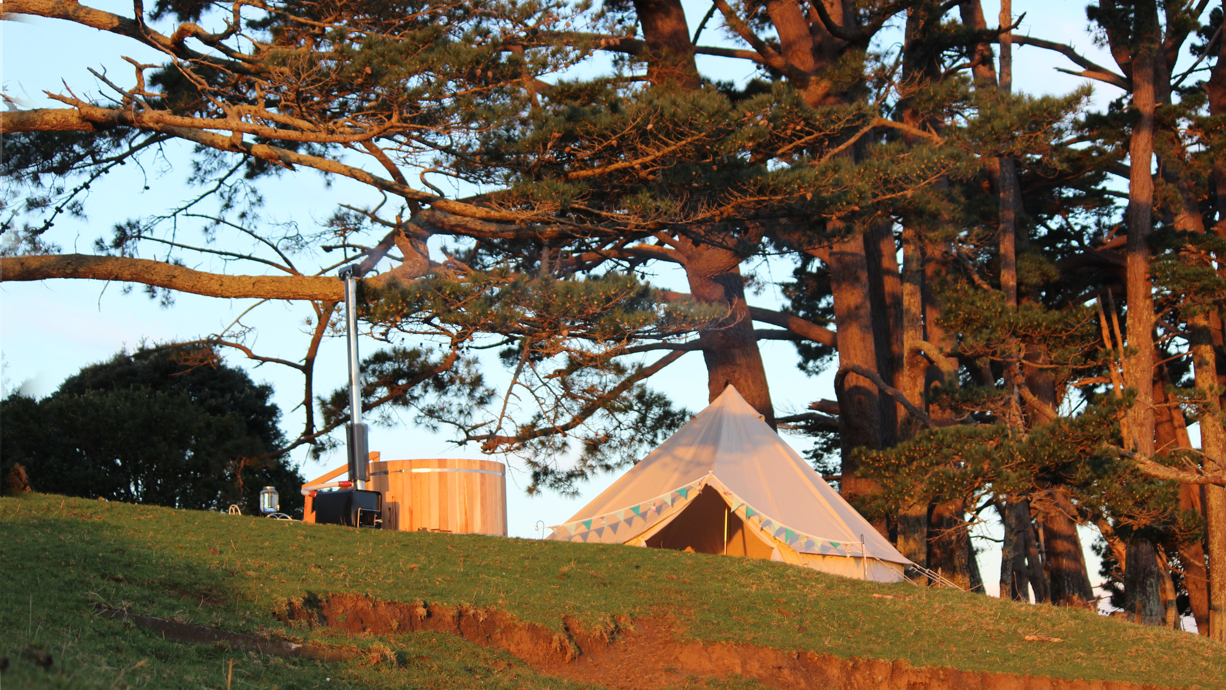 Glamping tent at sunset