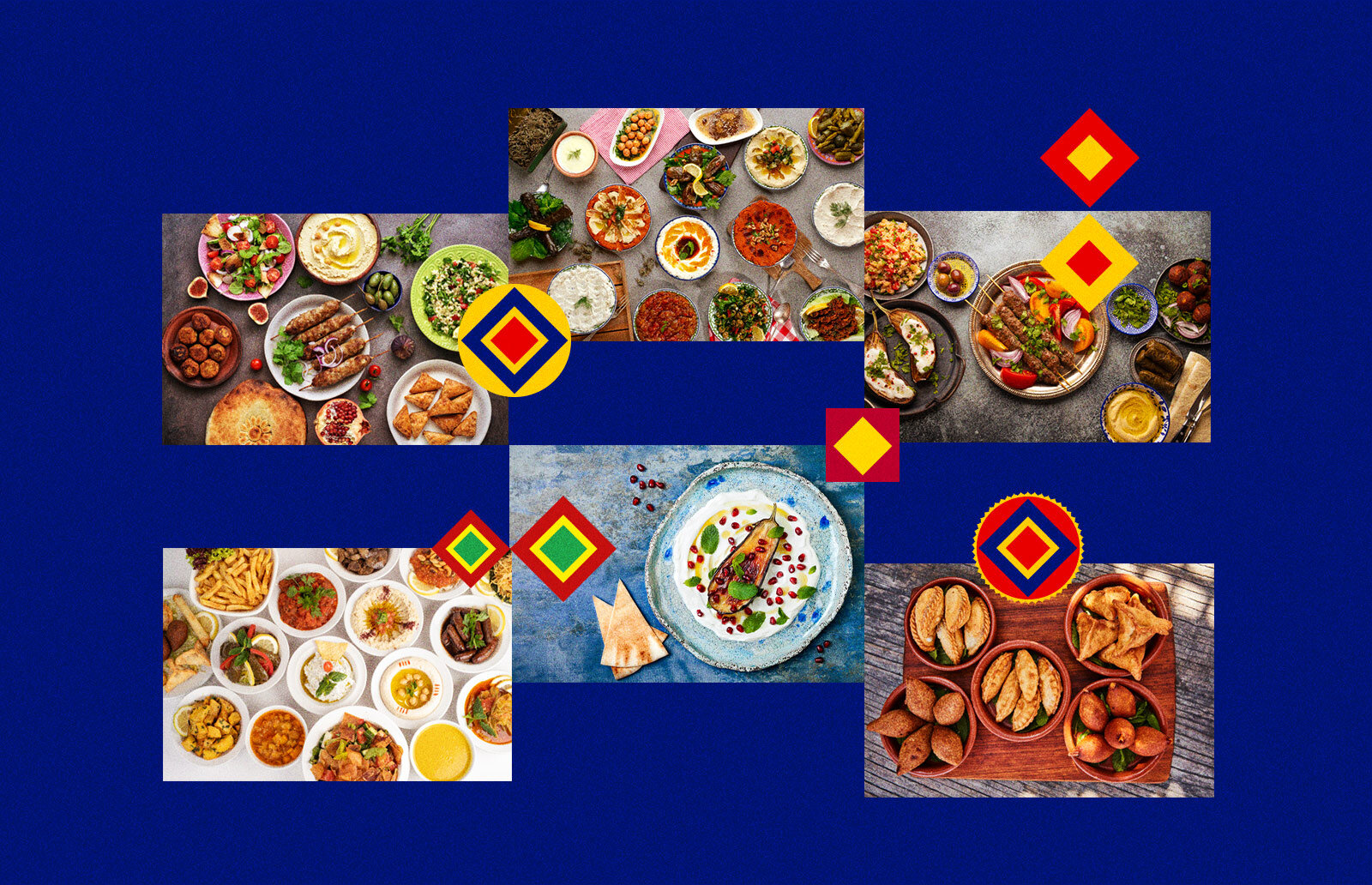 The Lebanese Mezze Table; much more than food, a social gathering! The geometric shapes and patterns are inspired by the colorful Mezze plates.