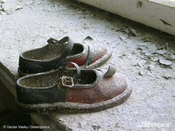 Abandoned baby shoes in Pripyat's kindergarten. 